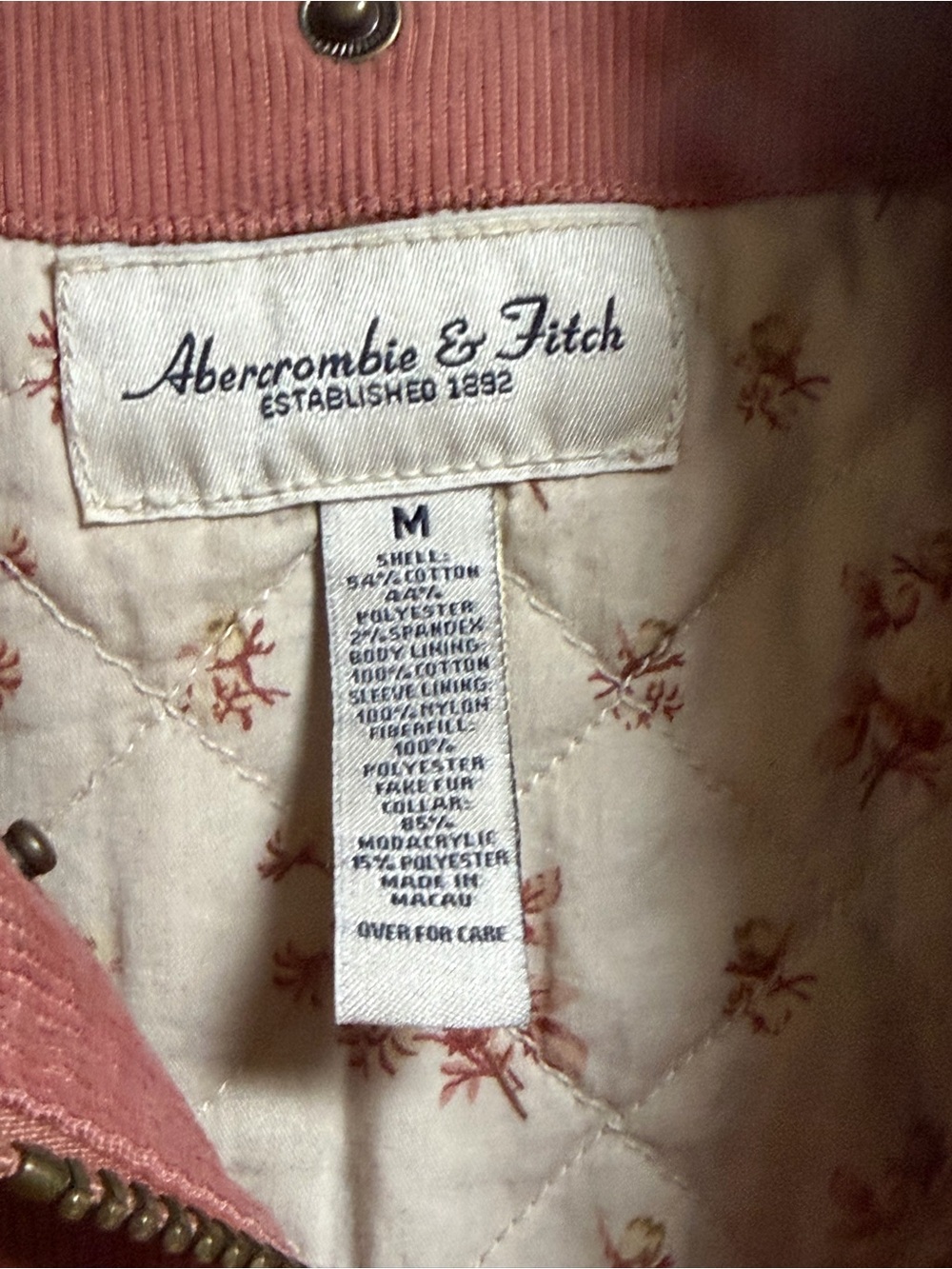 Abercrombie & Fitch Dusty Pink Corduroy Bomber Jacket - Picture 4 of 4